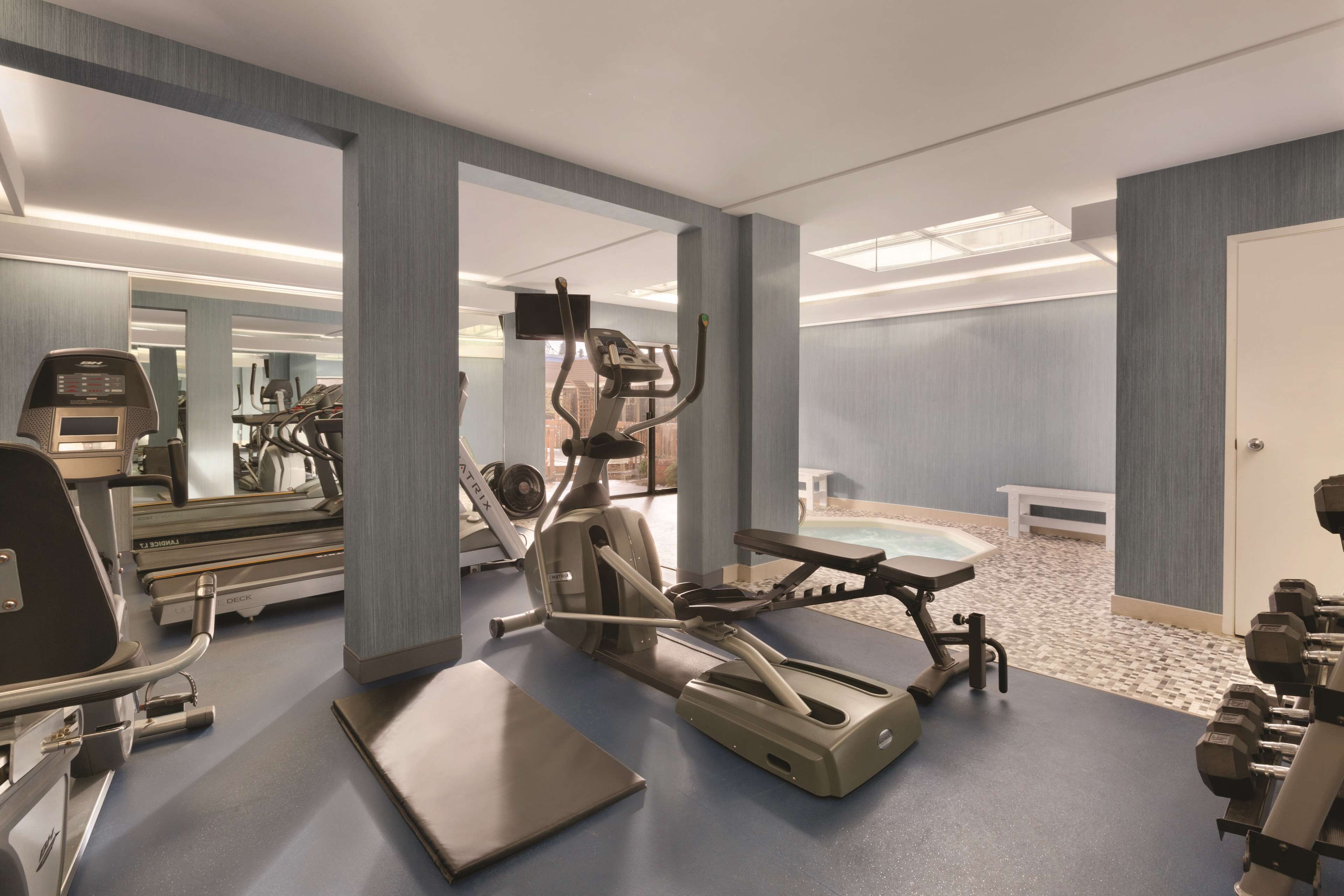 Un gimnasio con máquinas de cardio, pesas y un espejo grande.