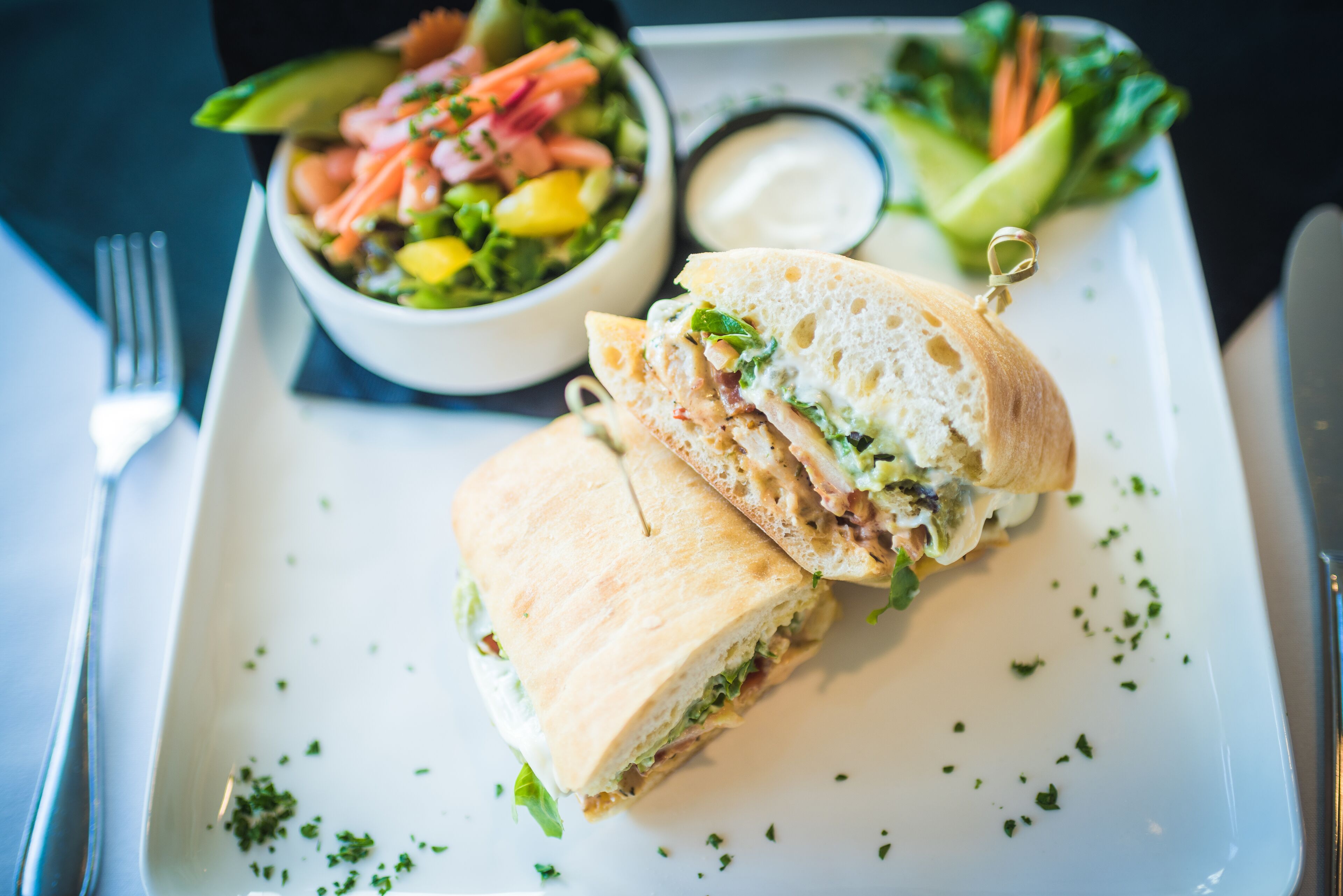 A sandwich on a white plate with a side salad and a small bowl of sauce.
