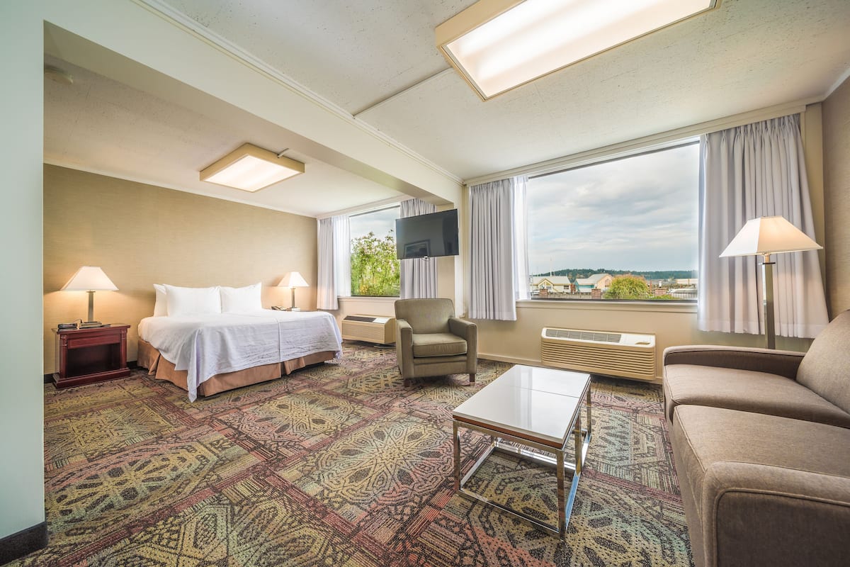 Habitación de hotel con cama, sofá, sillón, televisor y un ventanal con vistas.