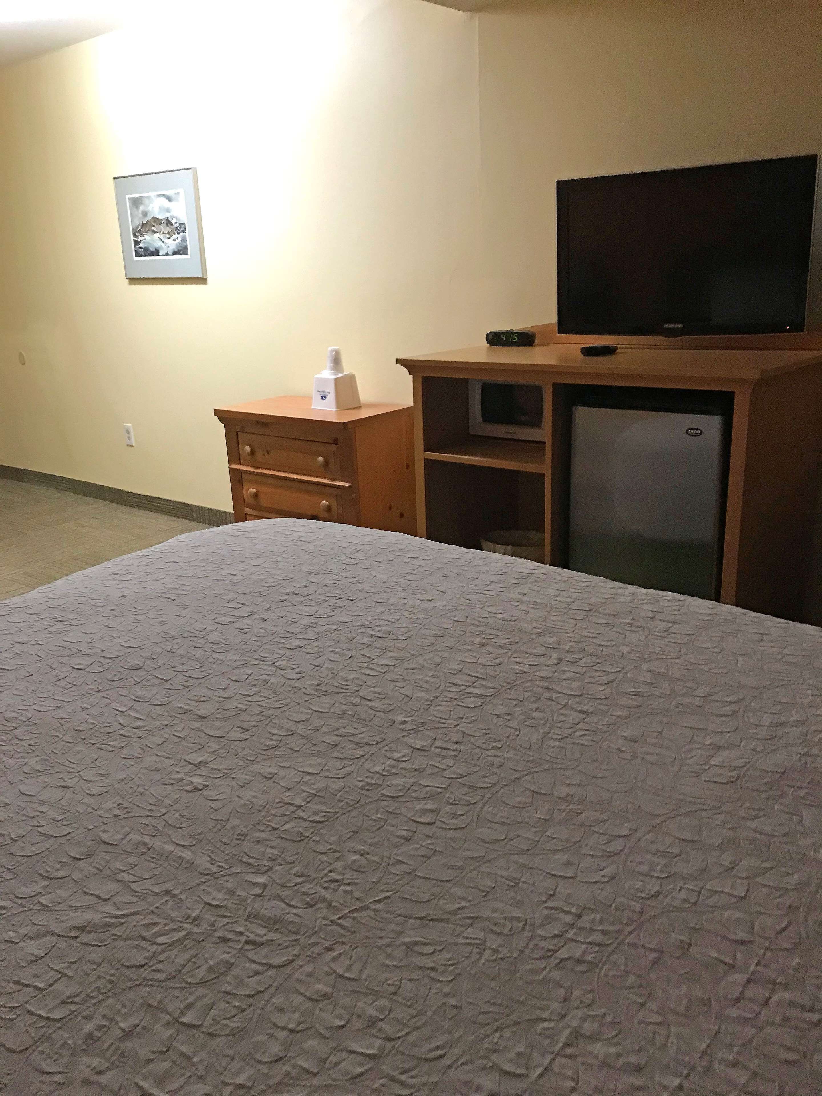 Quarto de hotel com uma cama, cómoda de madeira, televisão e pequeno frigorífico.