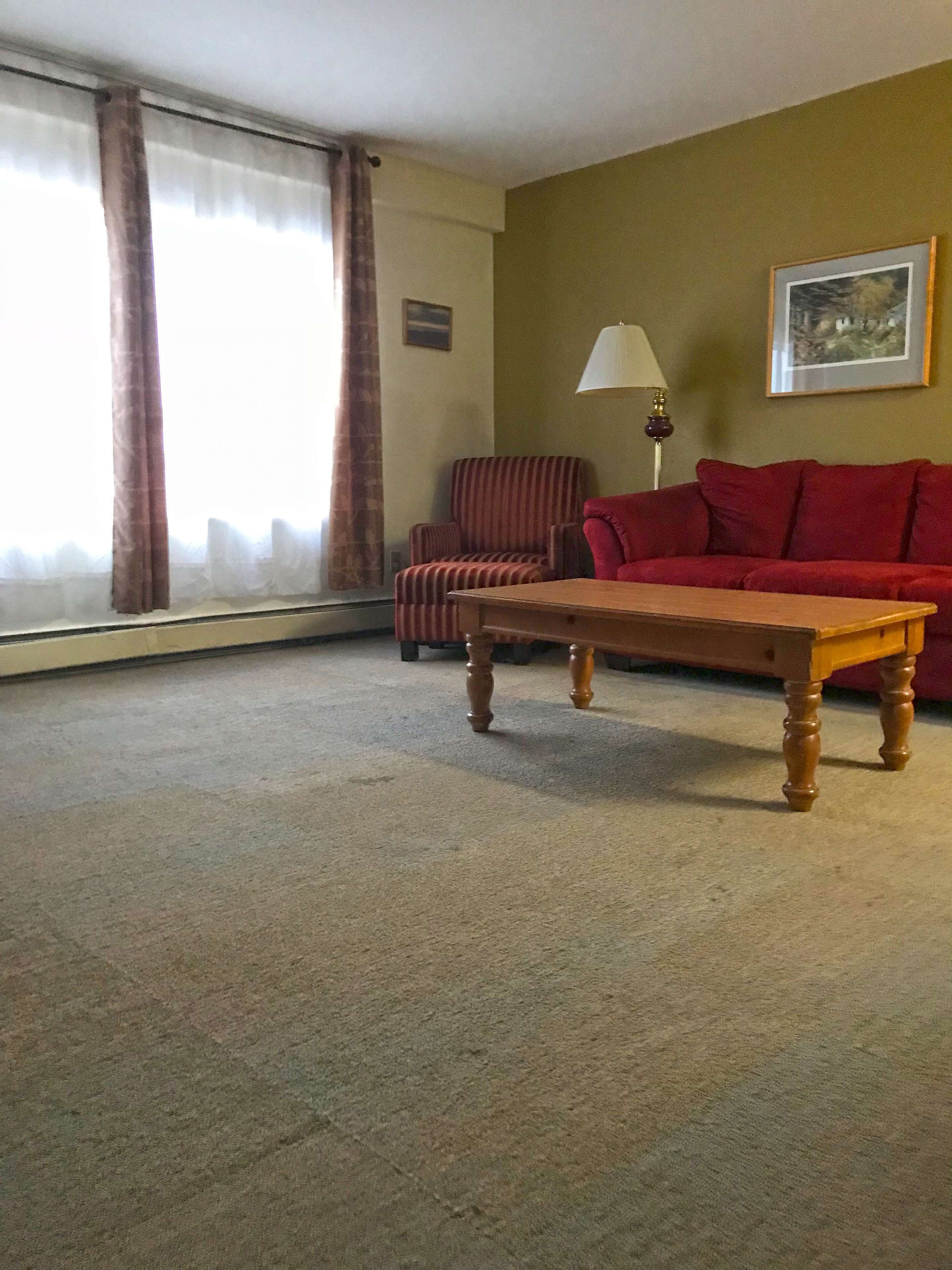 Een woonkamer met een houten salontafel, een rode bank, een gestreepte fauteuil en een lamp.