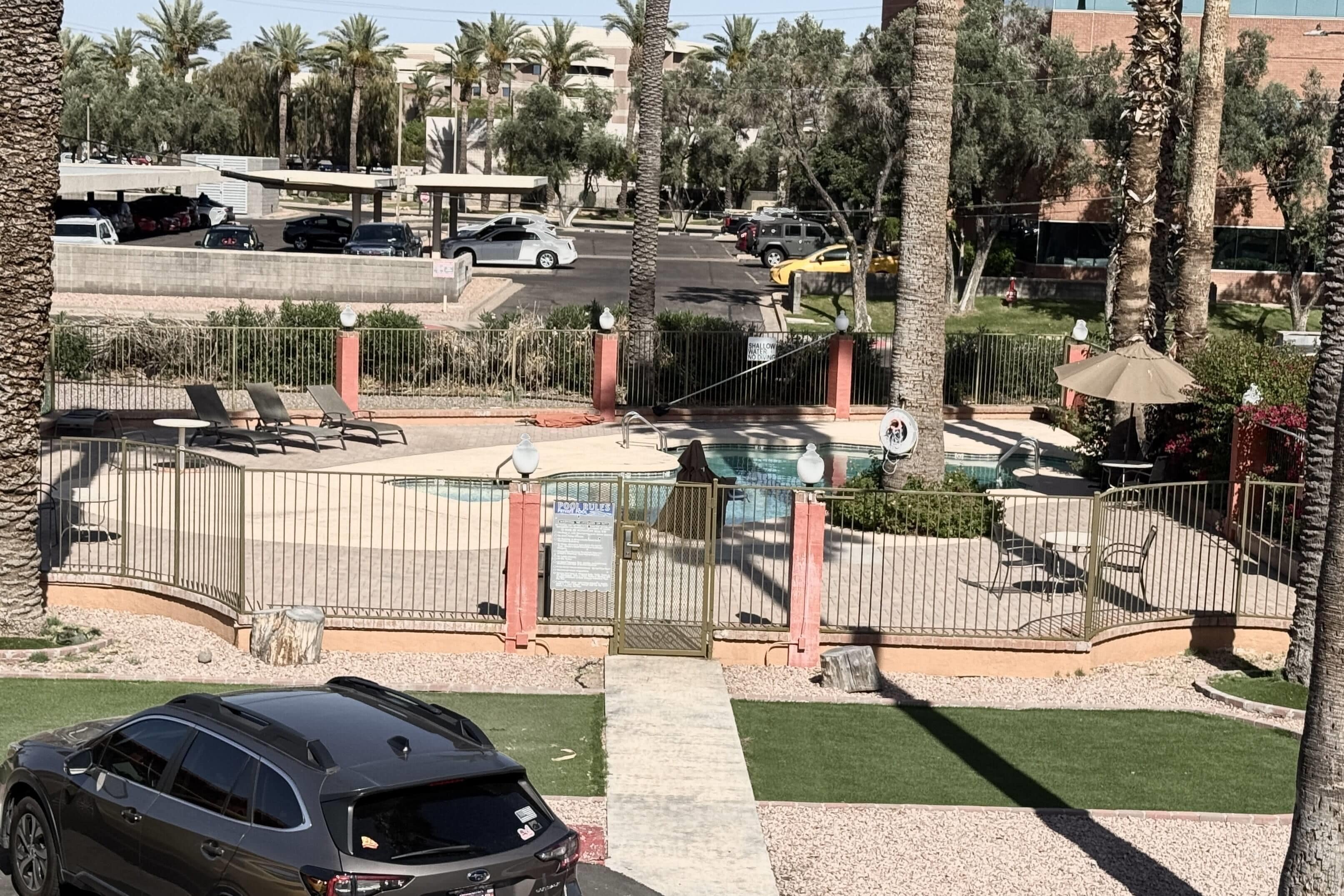 A gated outdoor area with a pool, lounge chairs, and palm trees.