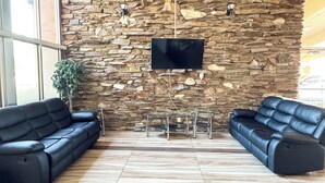 Habitació amb paret de pedra, televisió de pantalla plana, dos sofàs de cuir negre, taula petita i una planta en test.