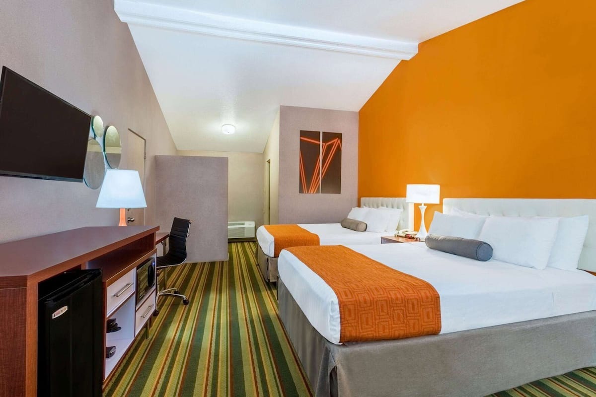 Une chambre d’hôtel avec deux lits, un bureau, une chaise, une télévision et une moquette à rayures.