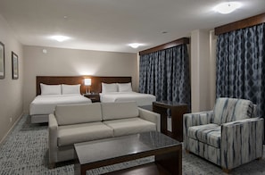 Junior Suite, 2 Queen Beds | Living area | 55-inch LCD TV with cable channels, TV, pay films