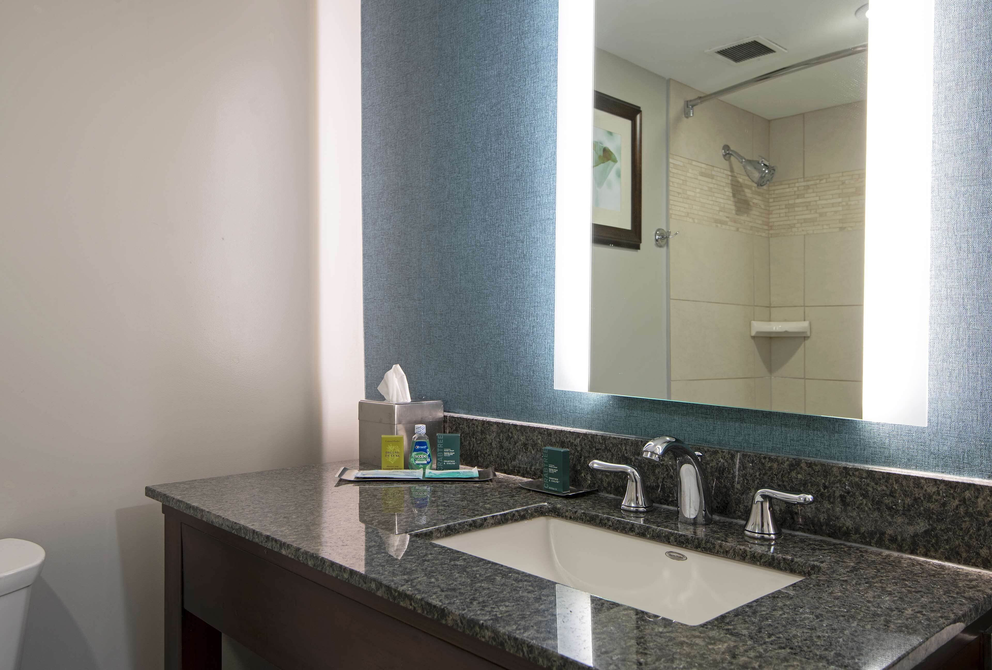 combined shower/bathtub, free toiletries, hair dryer, towels