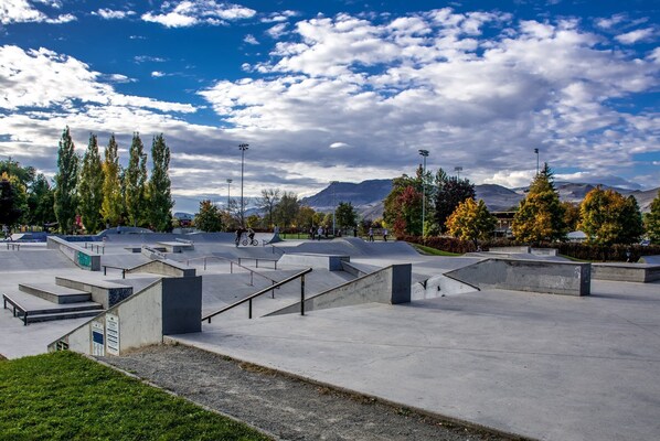A skate park with multiple ramps and a grassy area in the foreground.