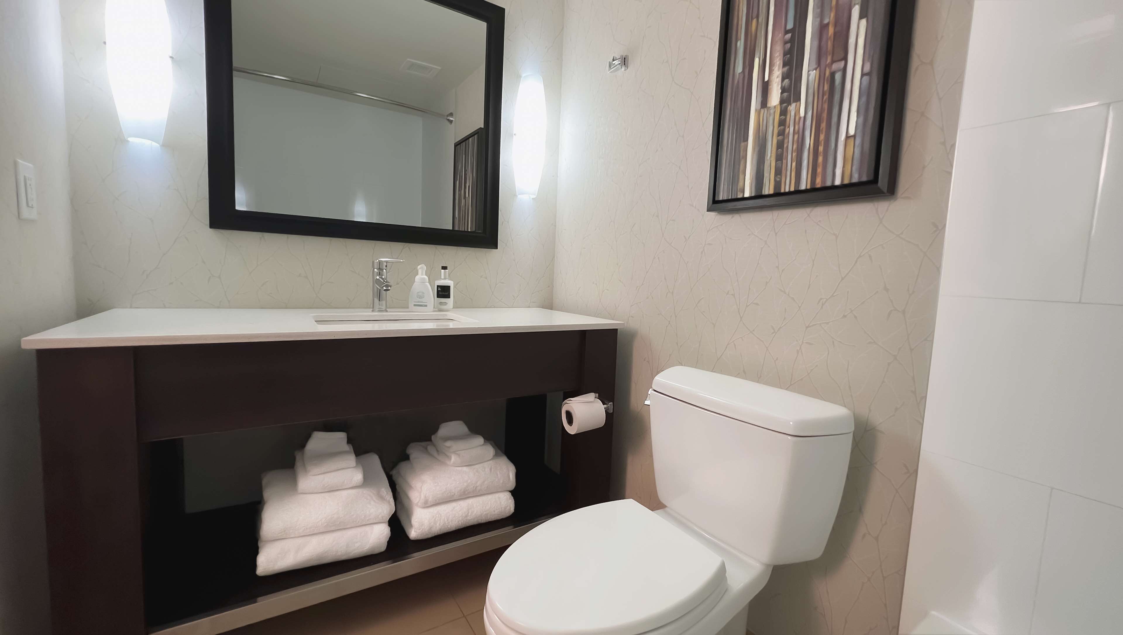 A bathroom with a white toilet, a dark brown vanity, a mirror, and a framed artwork on the wall.