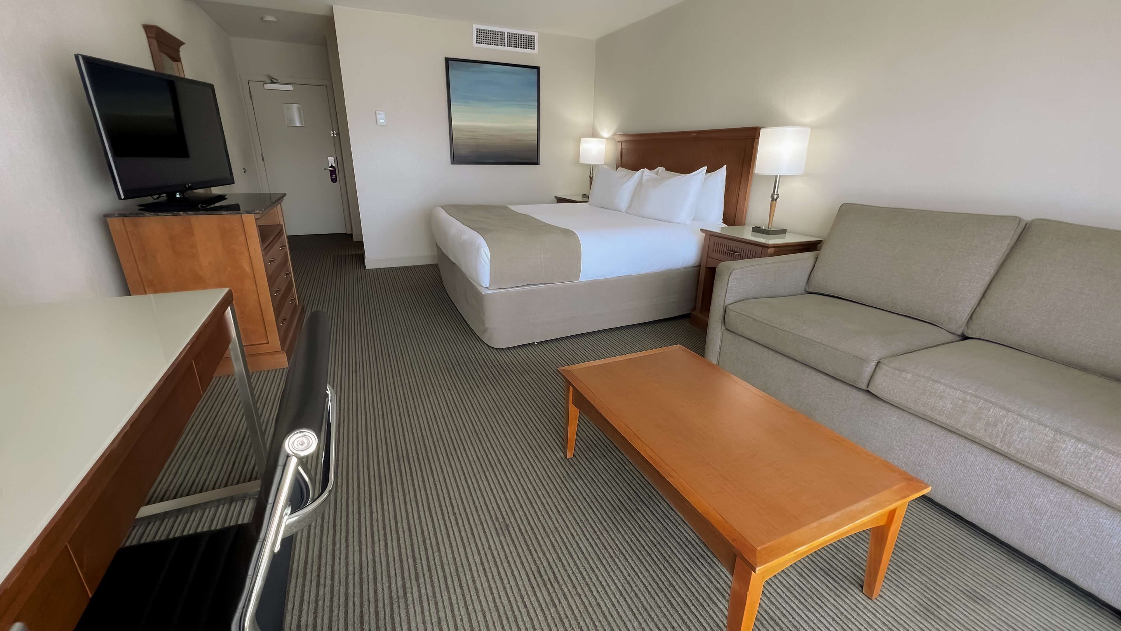 Ein Hotelzimmer mit einem Bett, einem Sofa, einem Schreibtisch mit Fernseher und einem Bild an der Wand.