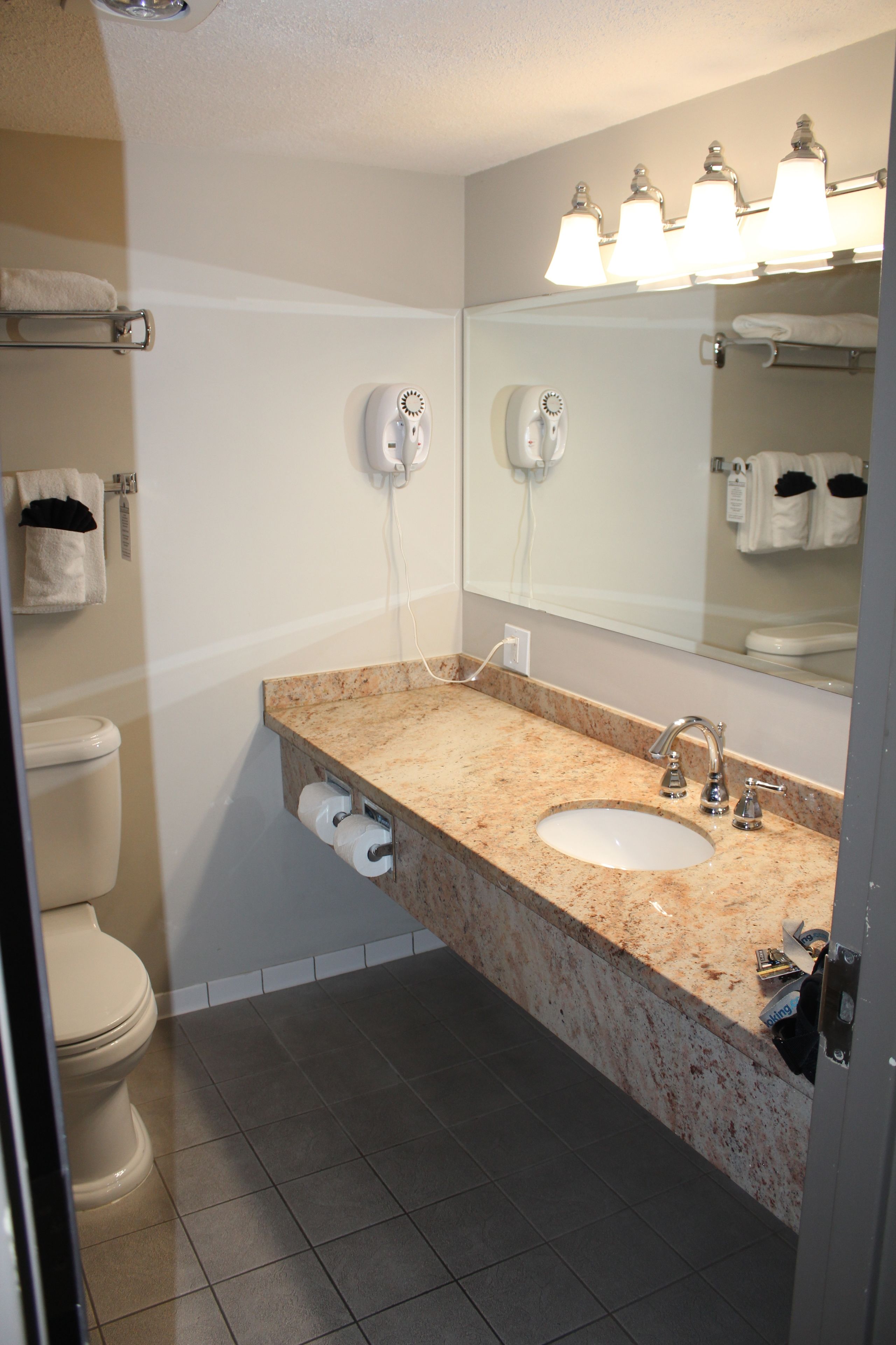 combined shower/bathtub, free toiletries, hair dryer, towels