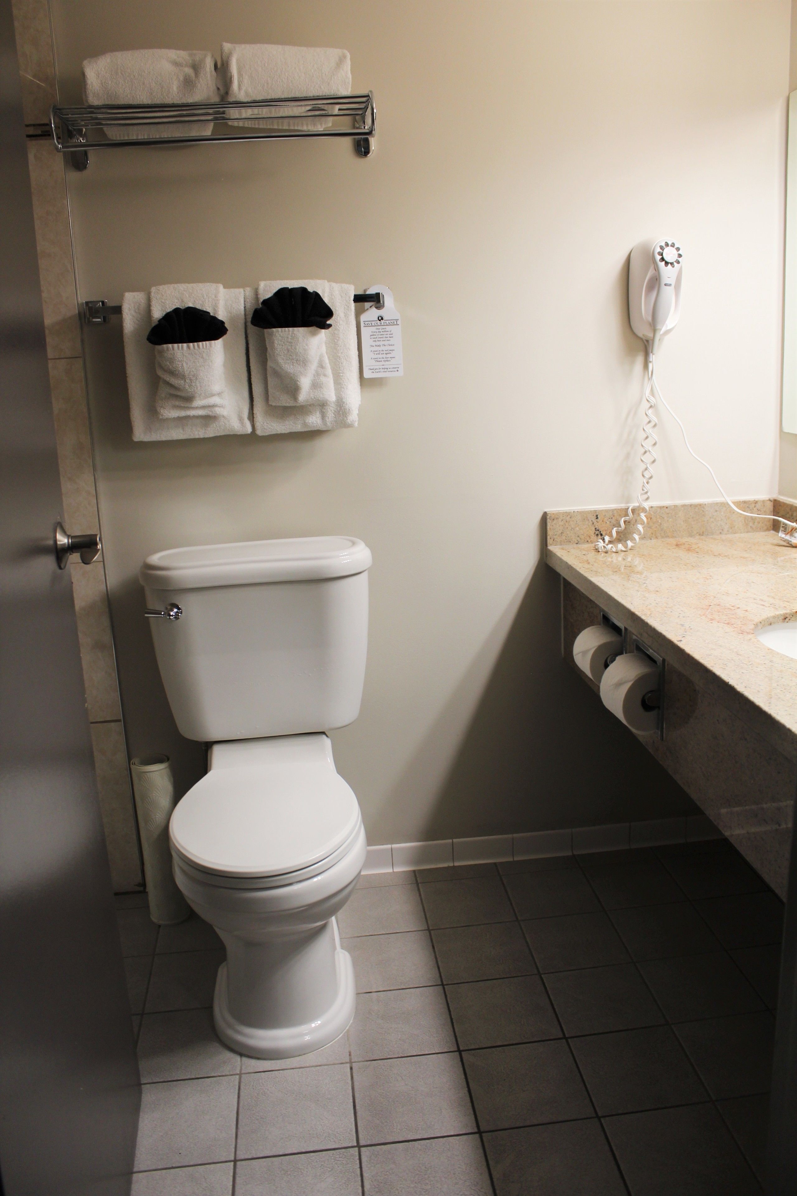 combined shower/bathtub, free toiletries, hair dryer, towels