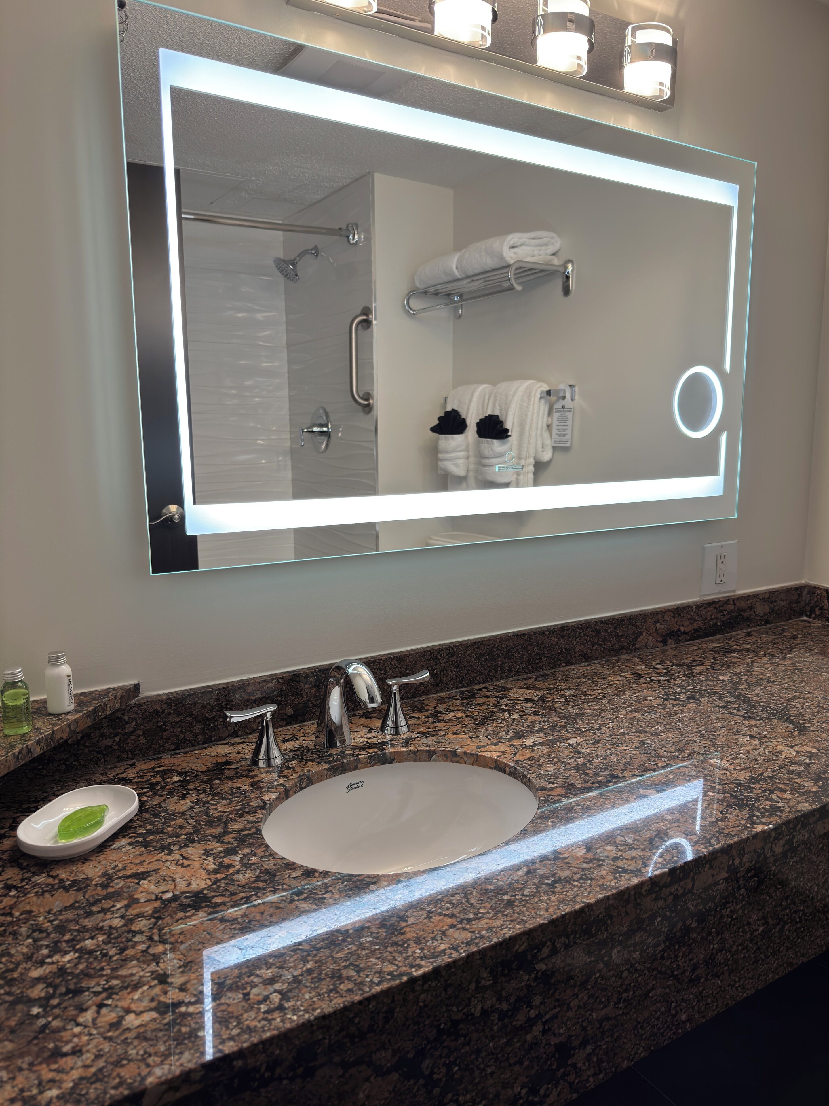 Une salle de bain avec un grand miroir, un lavabo et une douche.