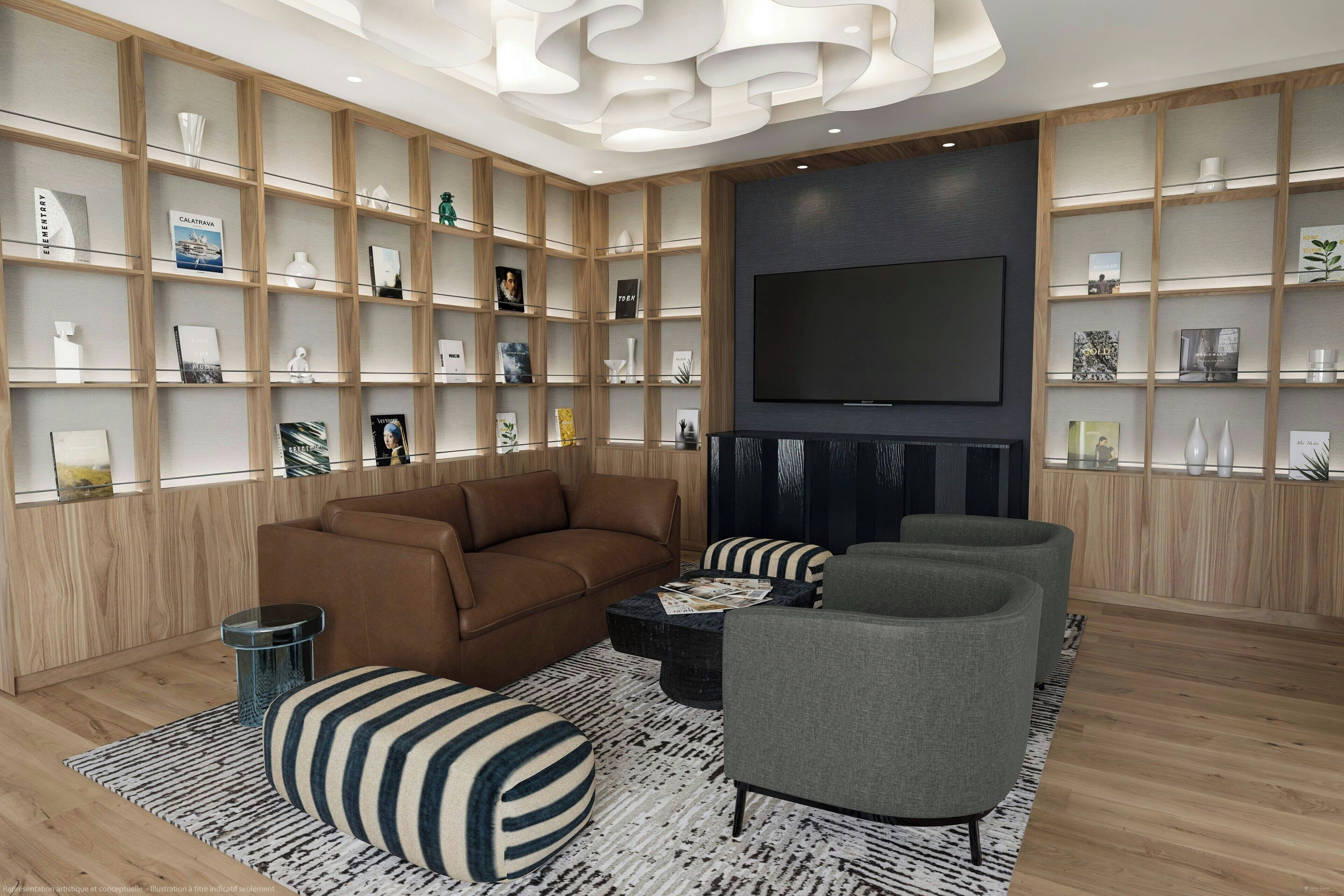 A modern living room with a brown leather sofa, grey armchairs, a black coffee table, and striped ottomans. There are wooden shelves with various decorative items and a flat-screen TV mounted on the wall.