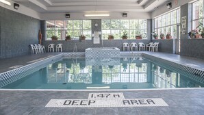Piscina con zona profunda señalizada, rodeada de sillas y plantas en macetas.
