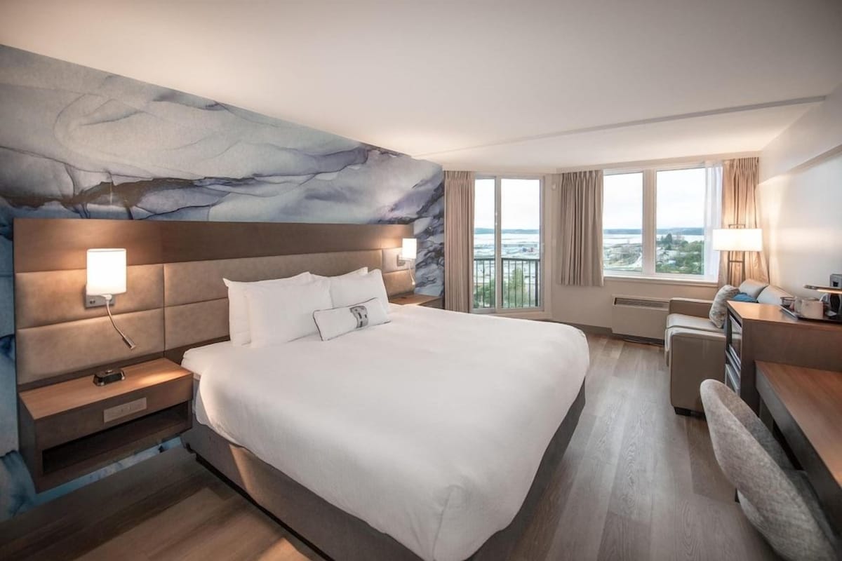 A hotel room with a large bed, a desk, a chair, and a view of the city.