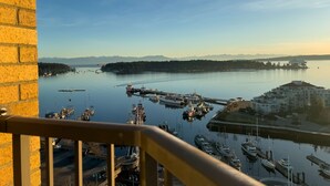 Un puerto deportivo con barcos amarrados, un crucero a lo lejos y vistas del paisaje circundante.