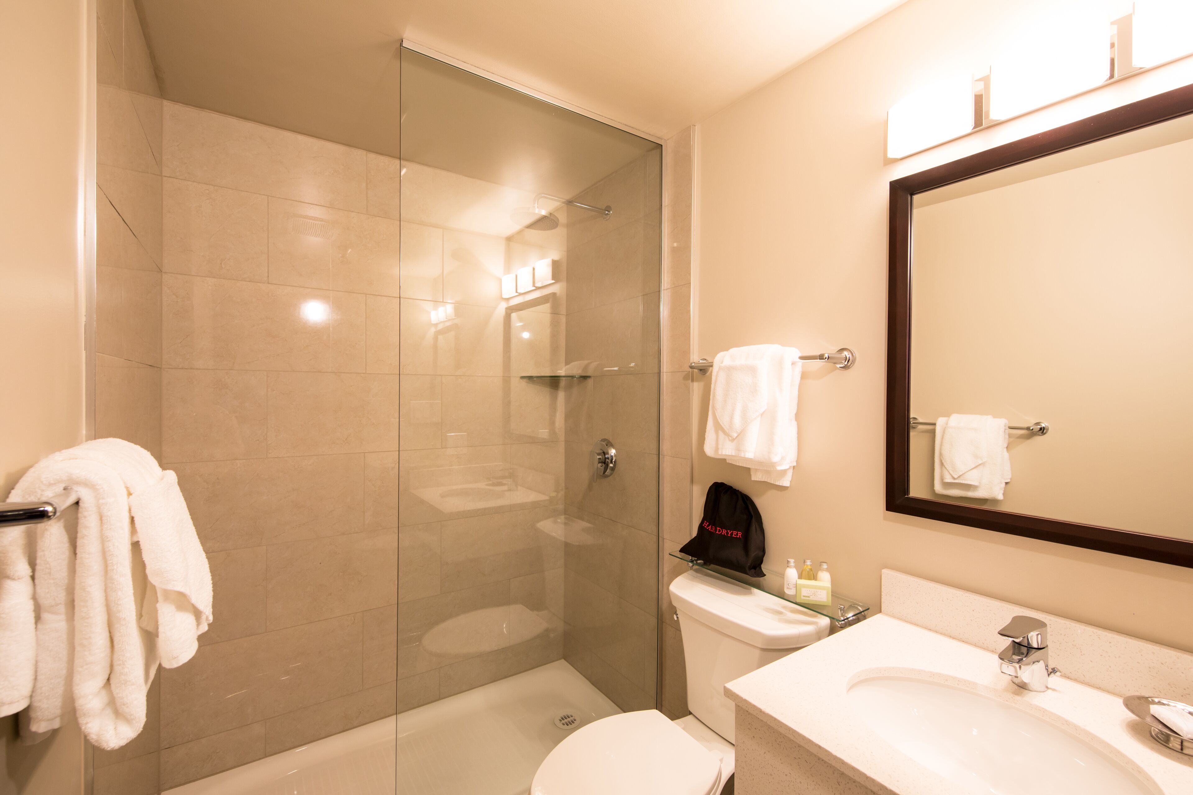 A modern bathroom with a glass-enclosed shower, a white toilet, and a sink with a mirror above it.