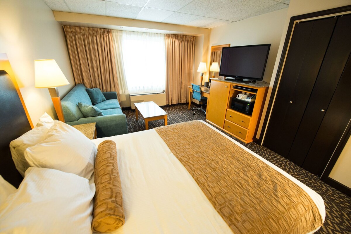 A hotel room with a bed, a sofa, a TV, a desk, and a wardrobe.