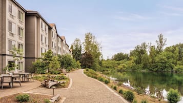 A pathway leading to a building with multiple windows, surrounded by greenery and a body of water.