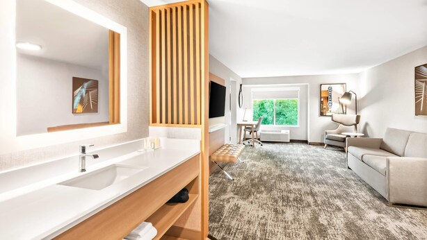 Un moderno baño de hotel con un espejo grande, un lavamanos y un panel de madera. La habitación tiene suelo alfombrado, un sofá y un escritorio con una silla.