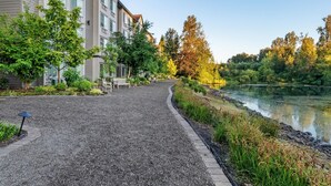 Un camino de grava que conduce a un río, bordeado por árboles y una hilera de edificios de varios pisos con balcones.