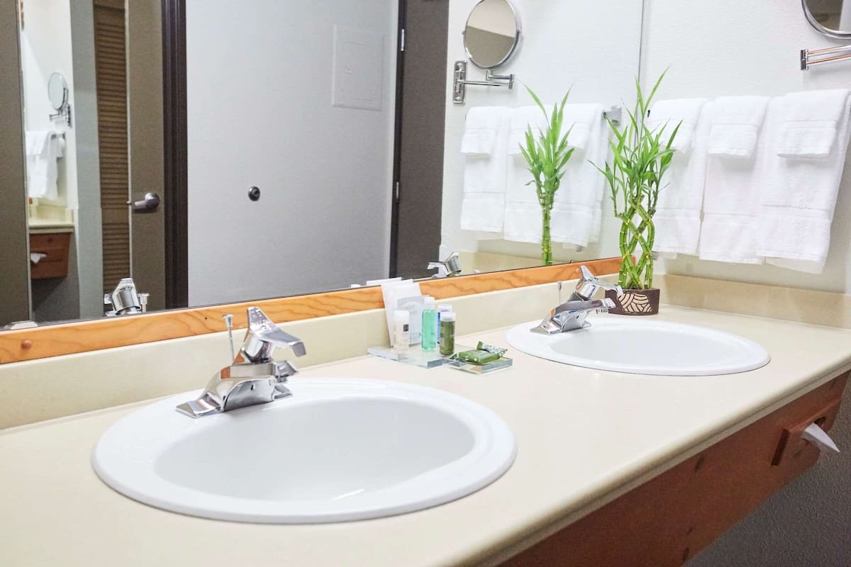 1 bedroom, hypo-allergenic bedding, desk, blackout curtains