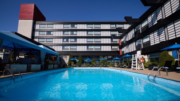 A swimming pool with a clear blue water, surrounded by lounge chairs and umbrellas, with a modern building in the background.