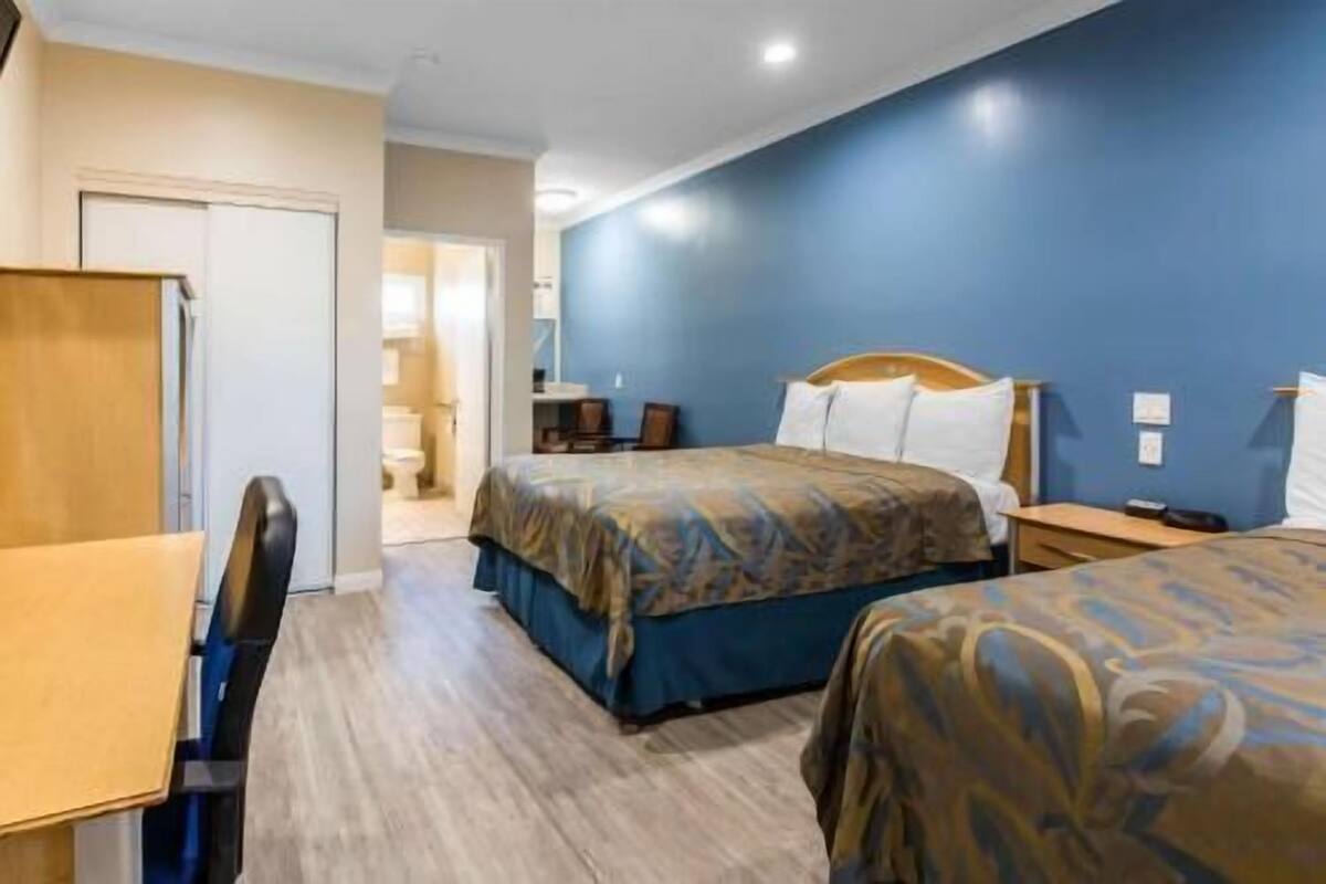 Camera d'albergo con due letti, una scrivania e un bagno visibile attraverso una porta aperta.