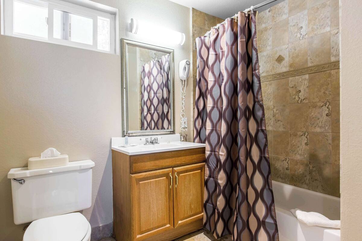 Un bagno con il water, un mobile bagno in legno, uno specchio, una tenda da doccia e una vasca.