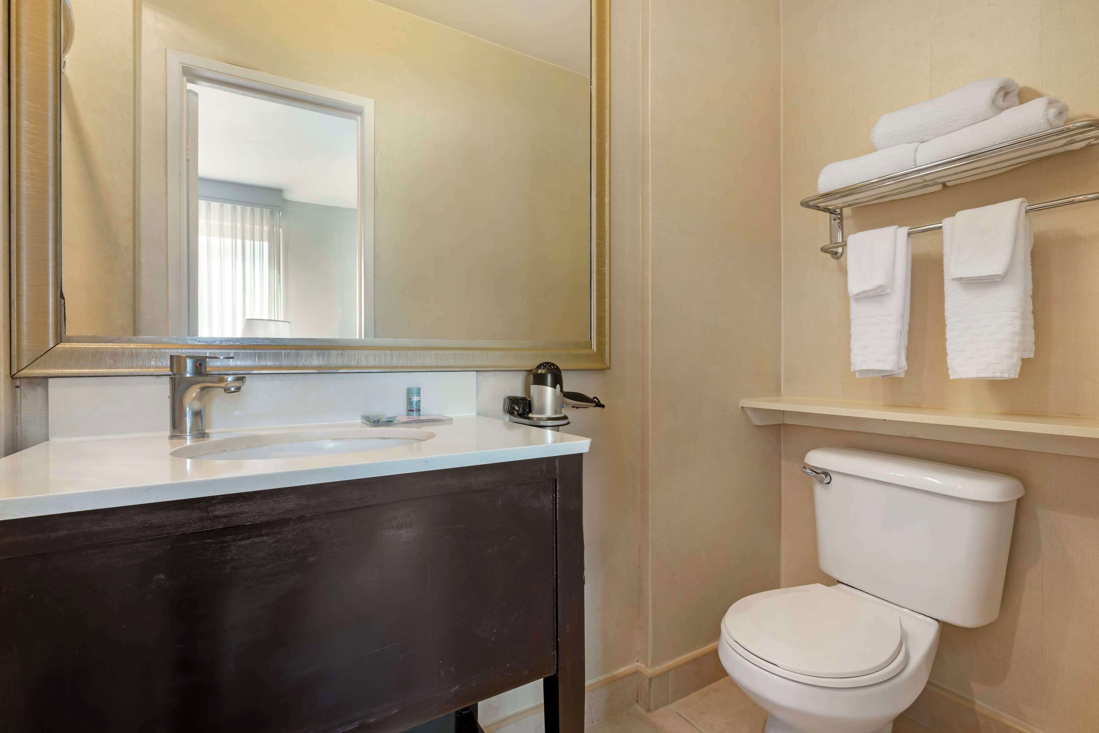 A bathroom with a dark vanity, a white sink, a large mirror, a toilet, and a towel rack with folded towels.