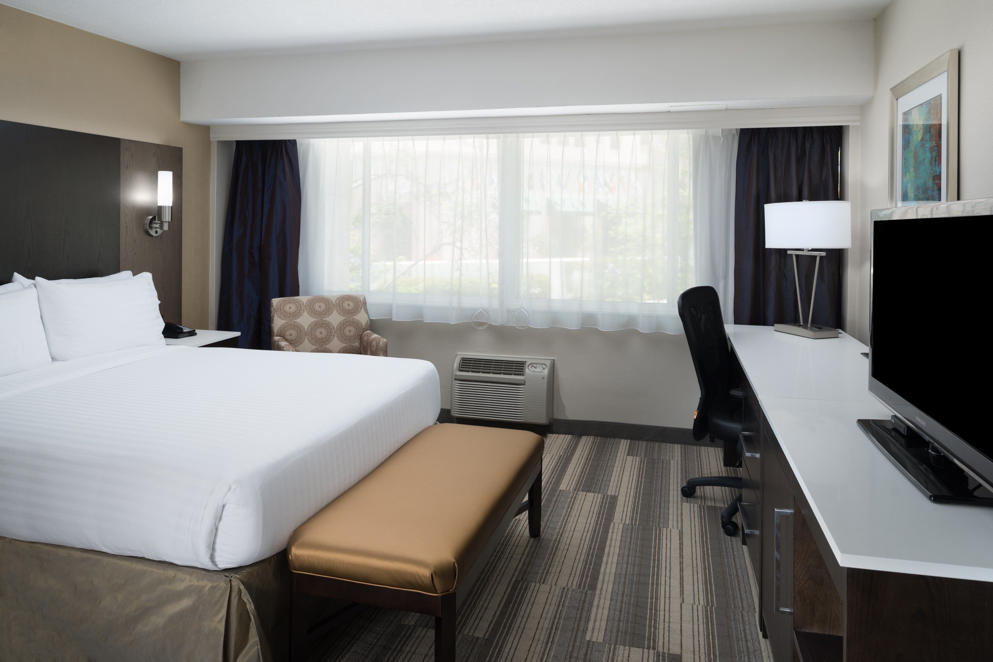 A hotel room with a large bed, a desk with a computer, a chair, and a television.