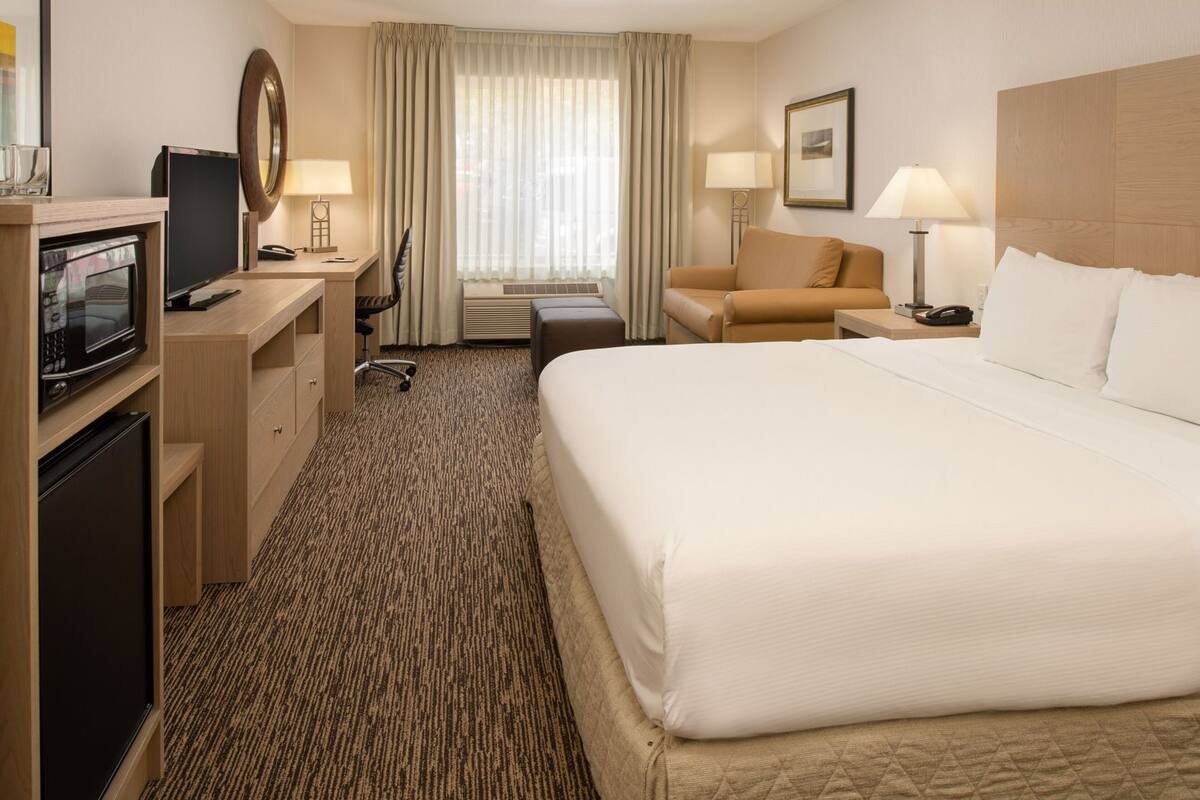 A hotel room with a bed, desk, TV, and a chair.