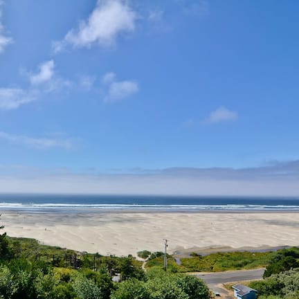 A coastal landscape with a beach, ocean, and forested area.