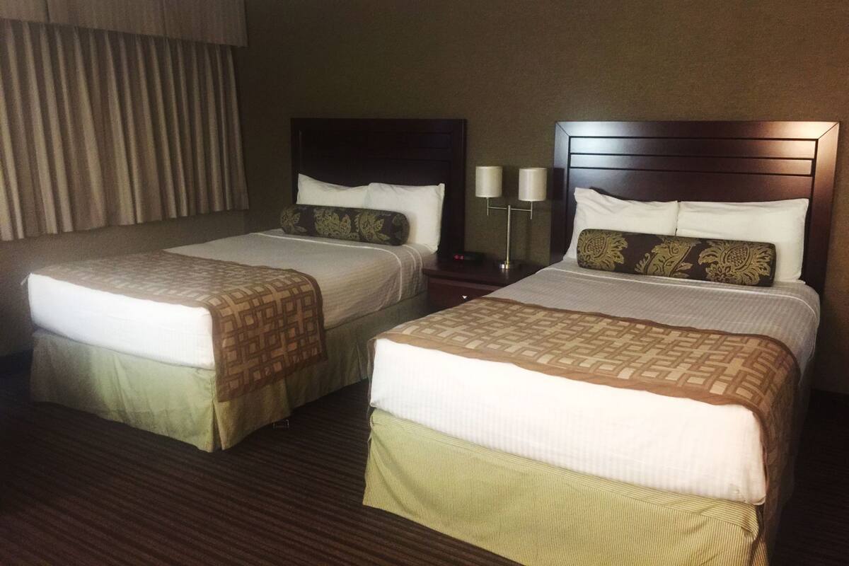 A hotel room with two beds, a nightstand with two lamps, and a large window with curtains.