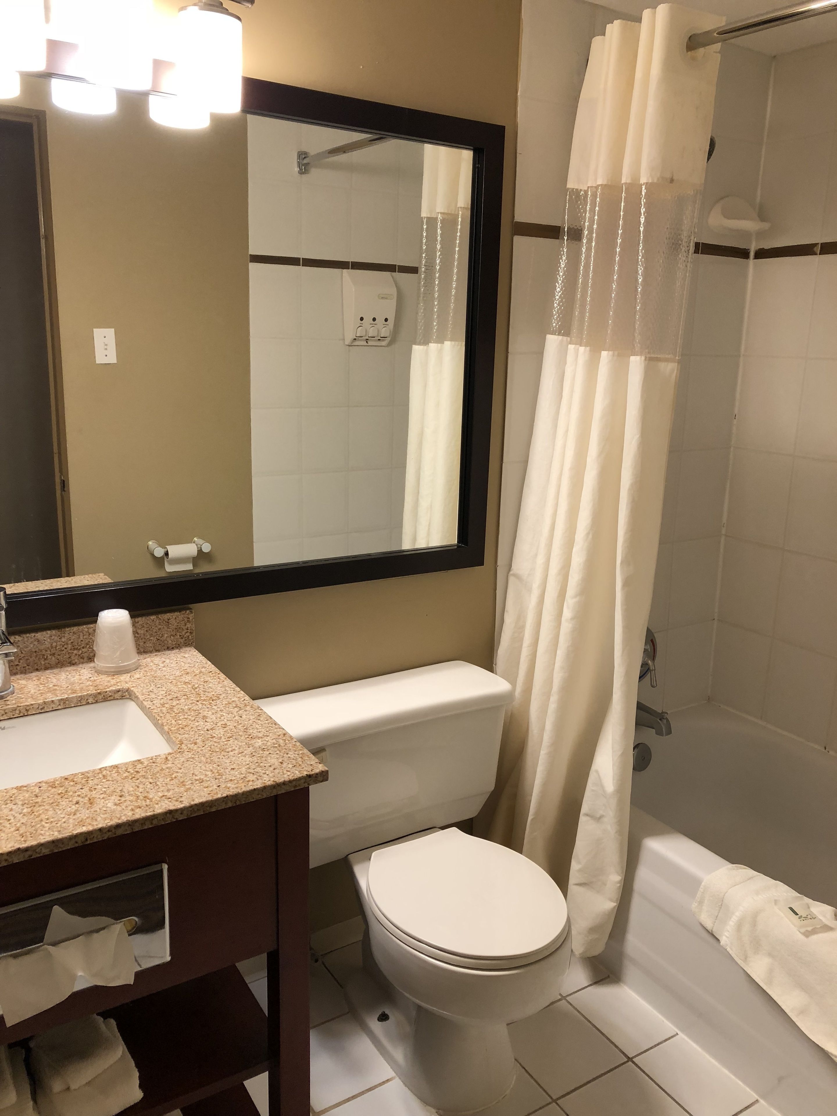 A bathroom with a toilet, sink, and shower area.