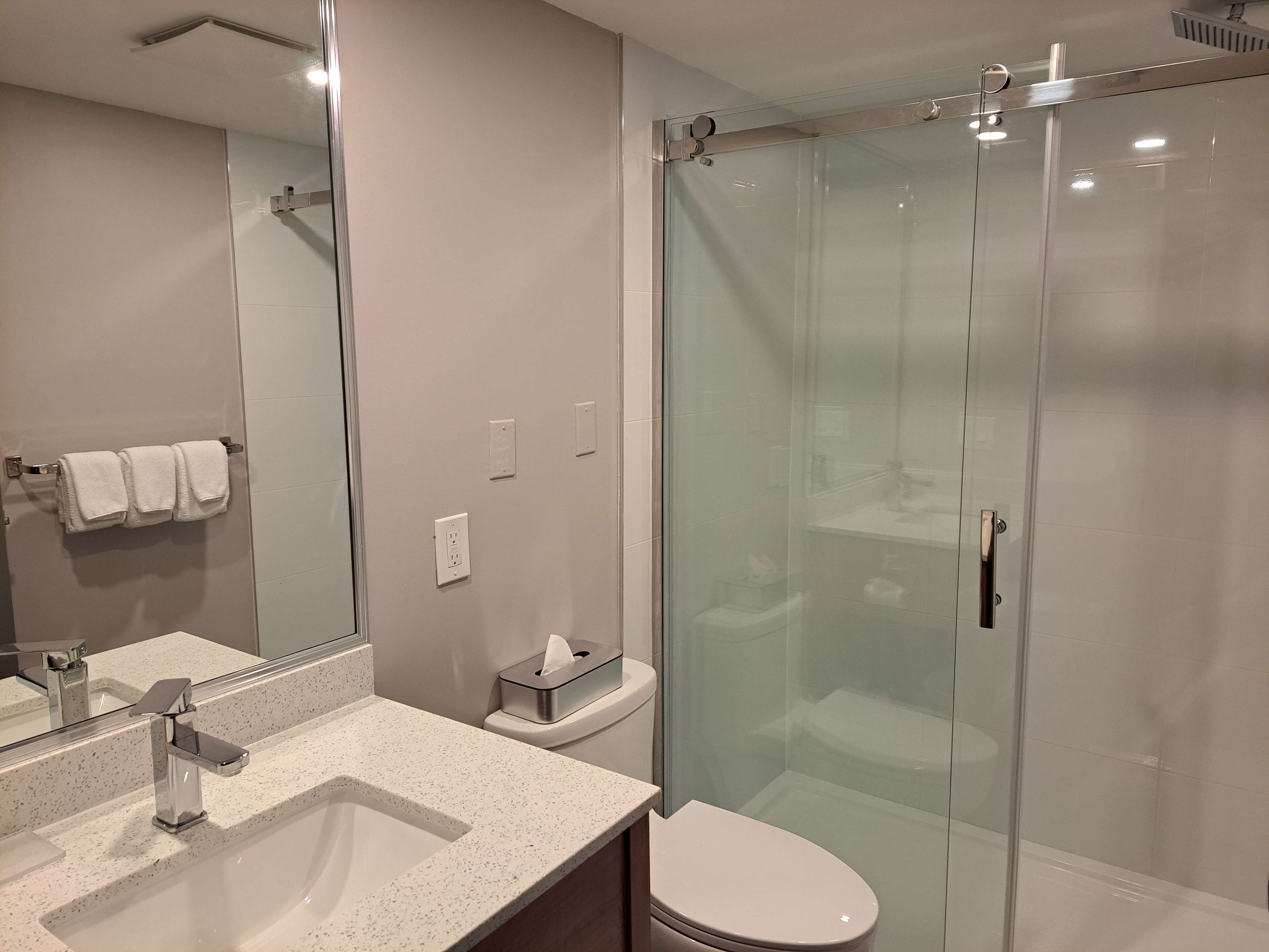 A modern bathroom with a glass-enclosed shower, a white sink, and a toilet.