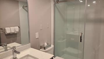 A modern bathroom with a glass-enclosed shower, a white sink, and a toilet.