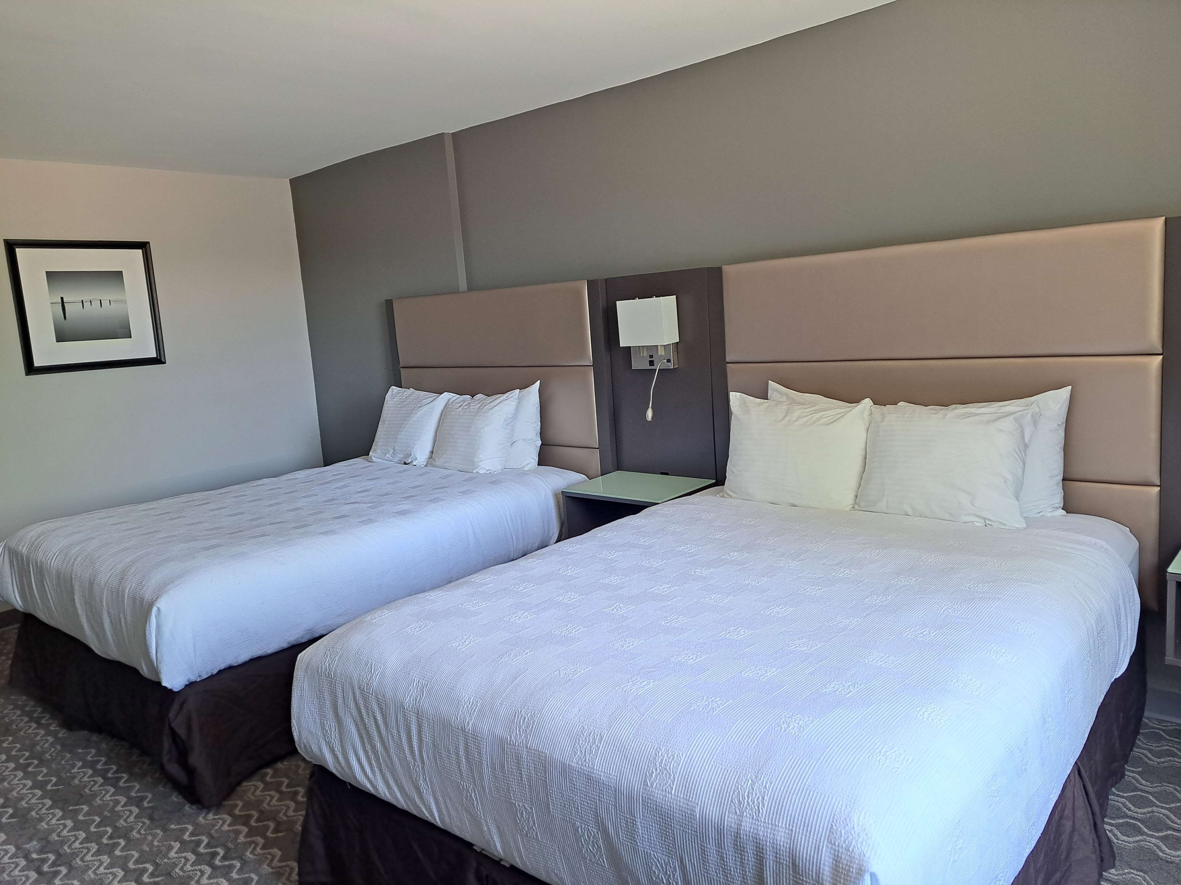 A hotel room with two beds, a nightstand, a wall-mounted lamp, and a framed picture.