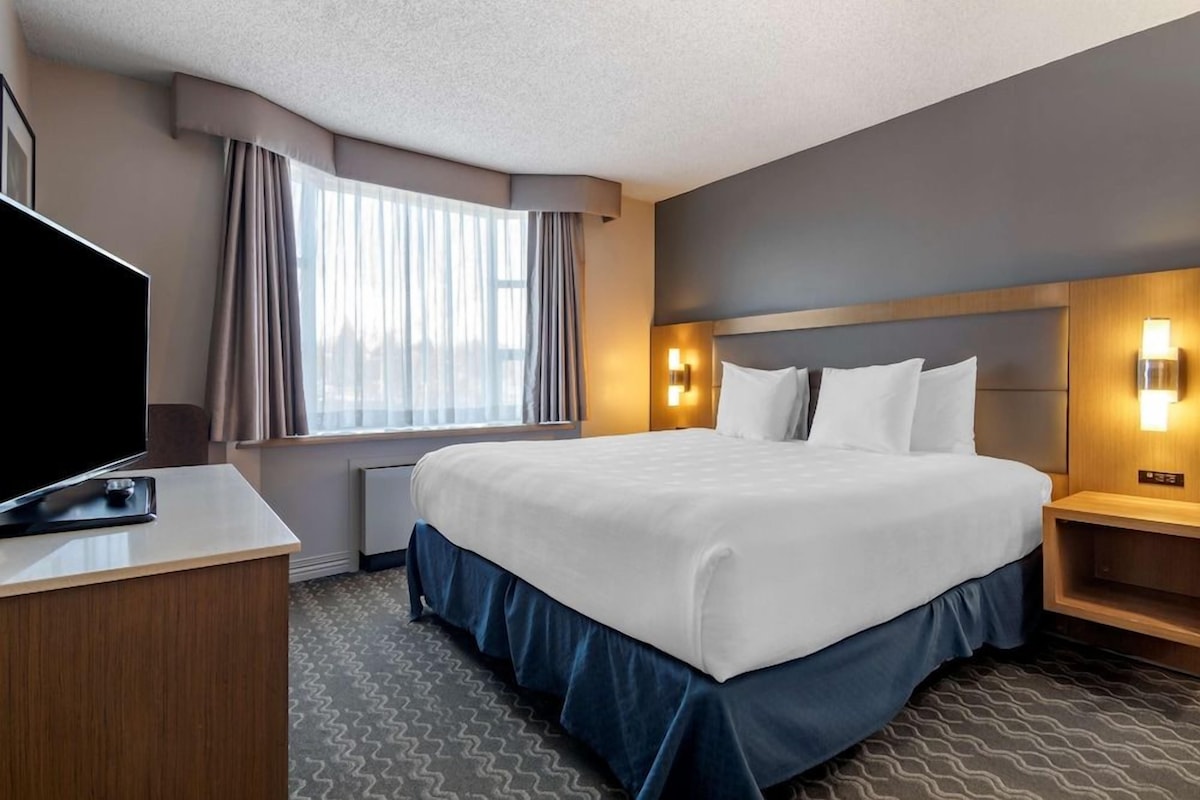 A hotel room with a large bed, a desk with a flat-screen TV, a window with curtains, and a wall-mounted light fixture.