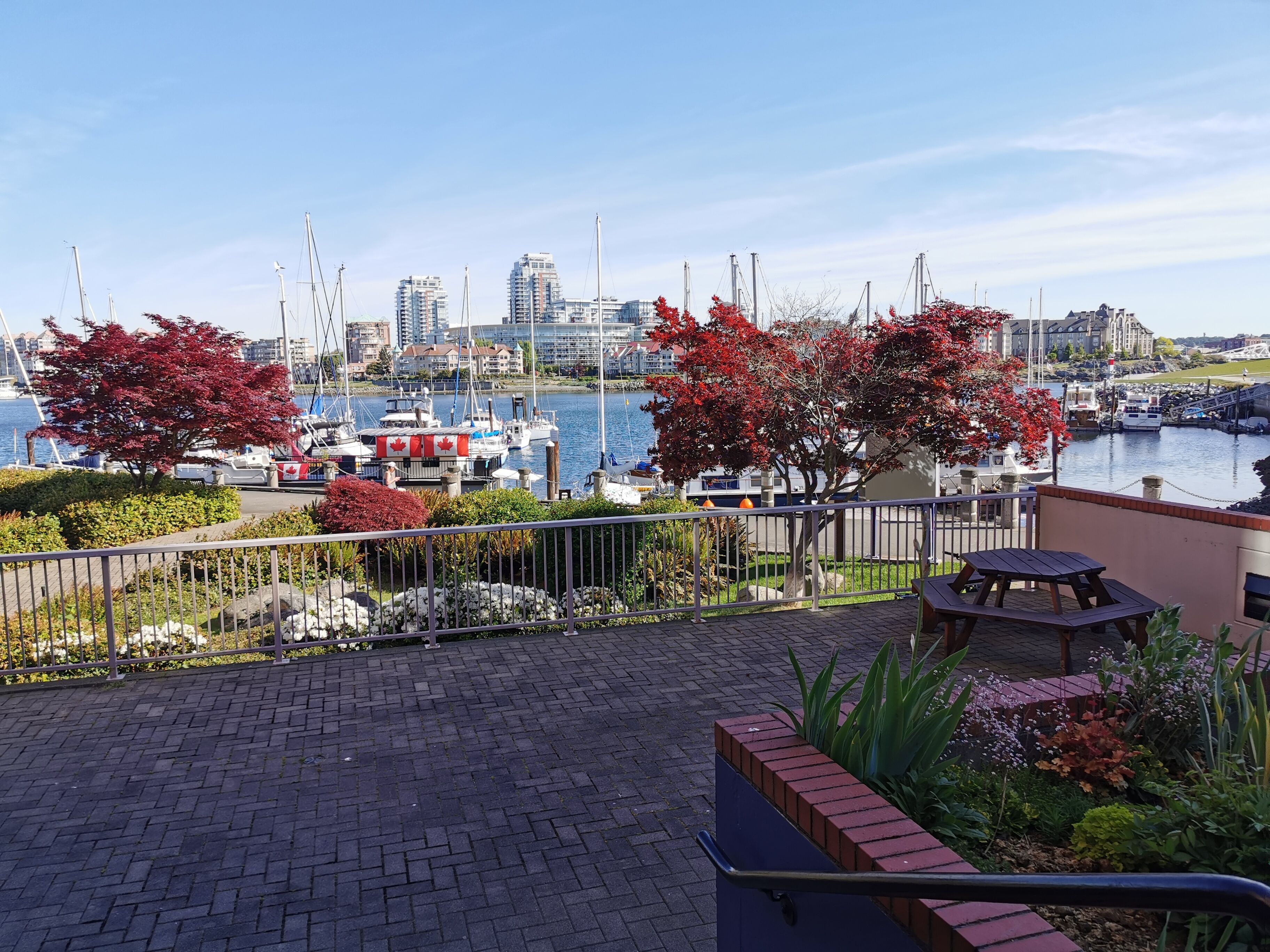 A waterfront patio with a view of boats and buildings.