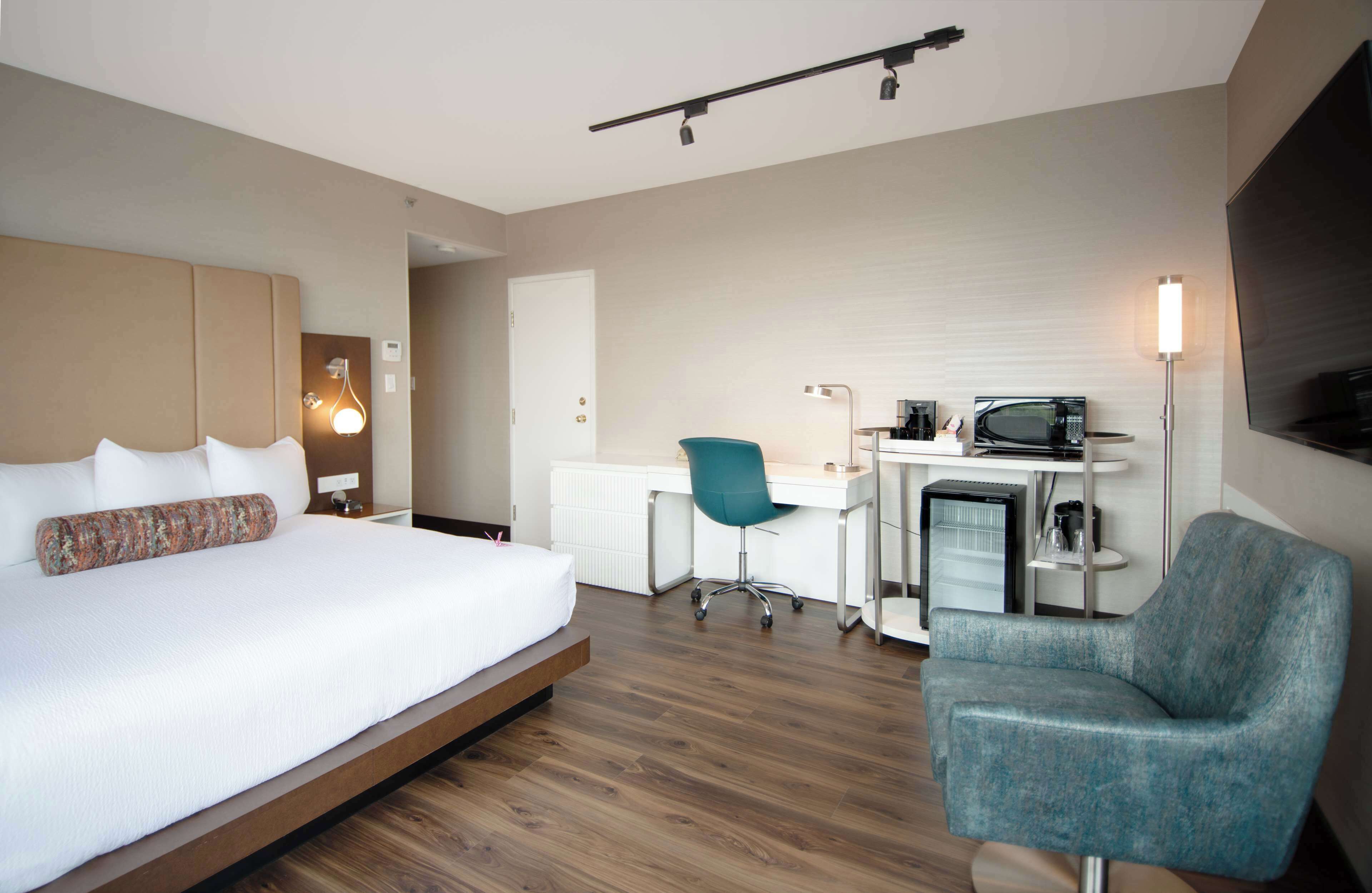 A hotel room with a bed, desk, chair, TV, and microwave.