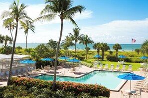 Outdoor pool, pool umbrellas, pool loungers