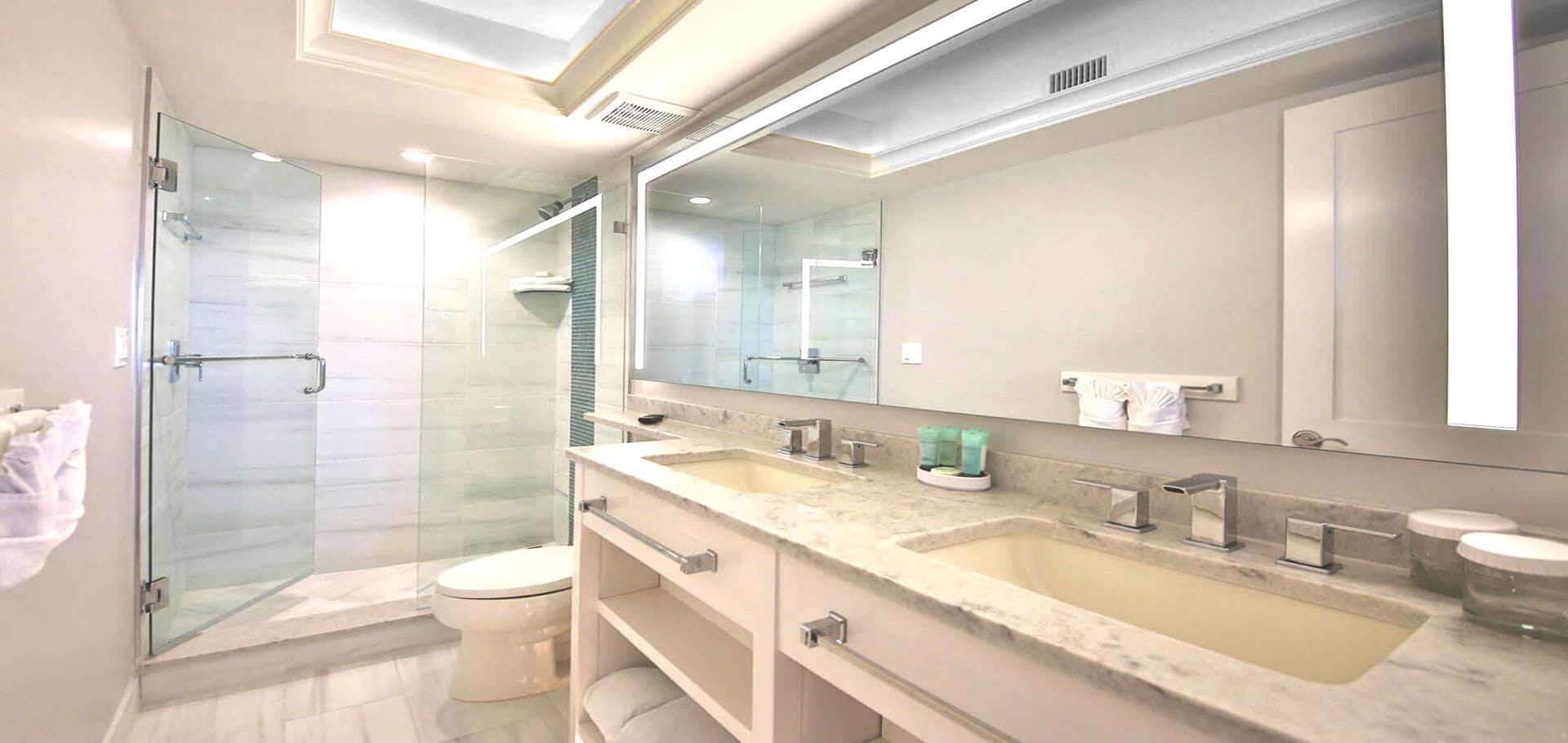 A modern bathroom with a glass shower enclosure, a toilet, a double sink vanity, and a large mirror.
