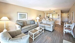 Standard Gulf View Condominium | Living area | 65-inch LCD TV with cable channels, TV