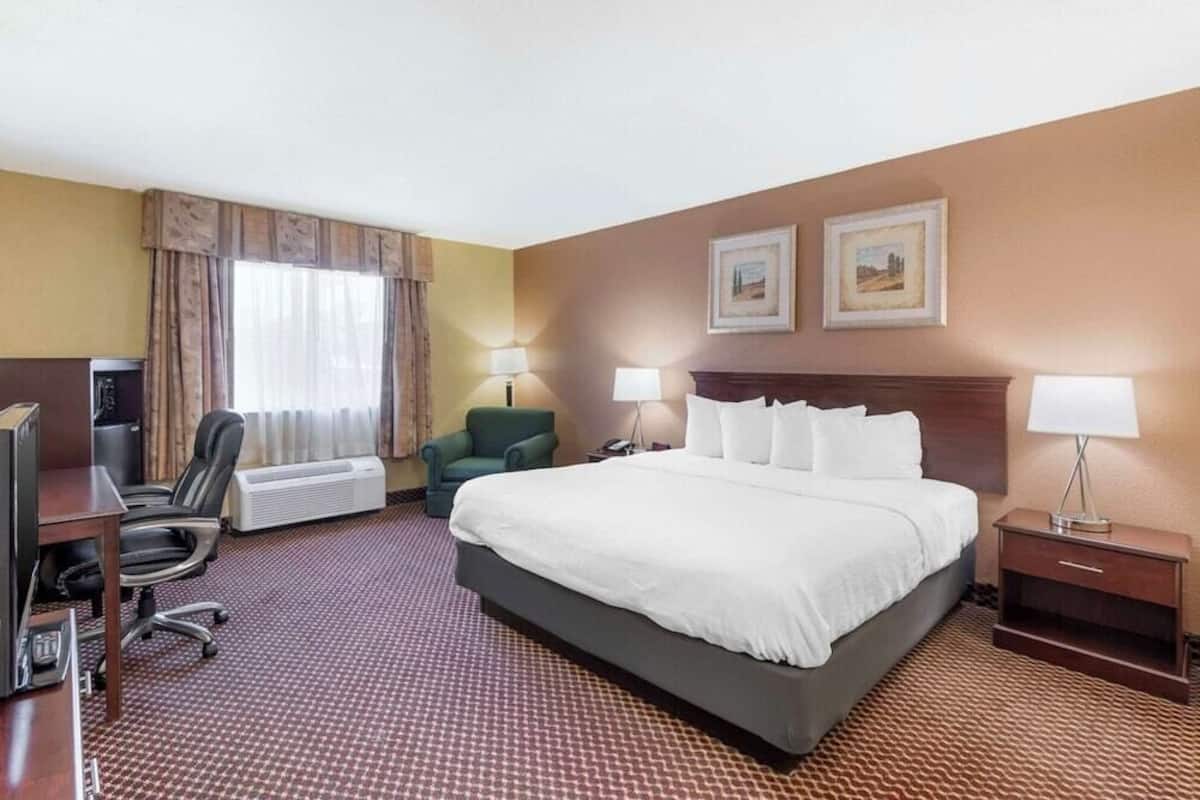 Premium bedding, desk, laptop workspace, blackout drapes