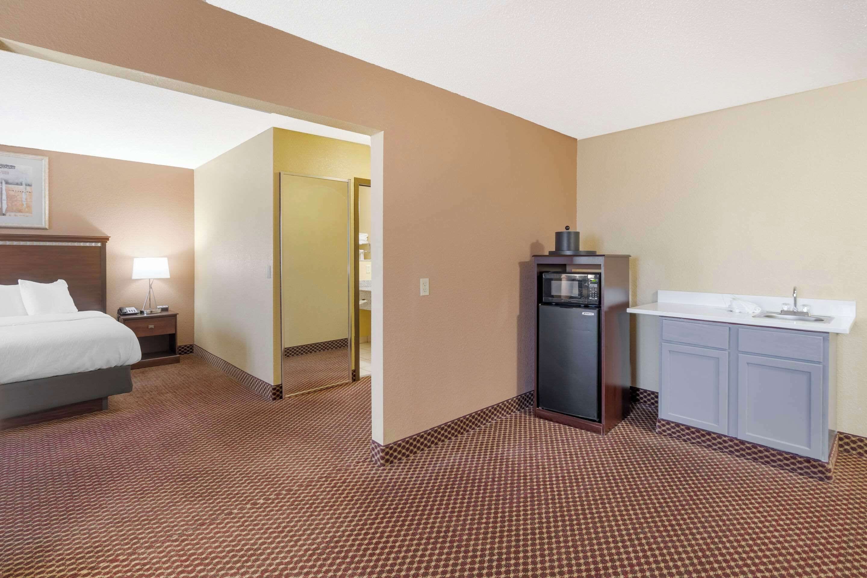 A hotel room with a bed, a nightstand, a refrigerator, a sink, and a mirror.