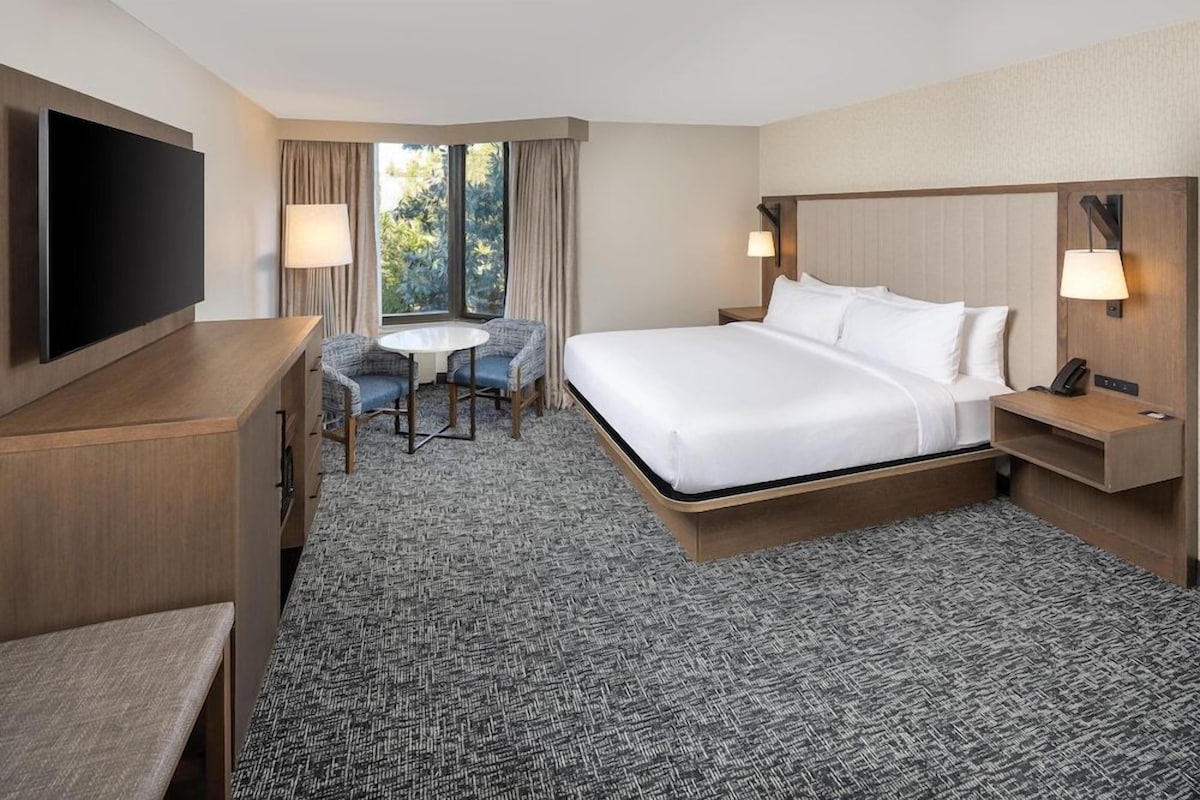 A hotel room with a bed, a desk, a TV, a chair, and a window with curtains.