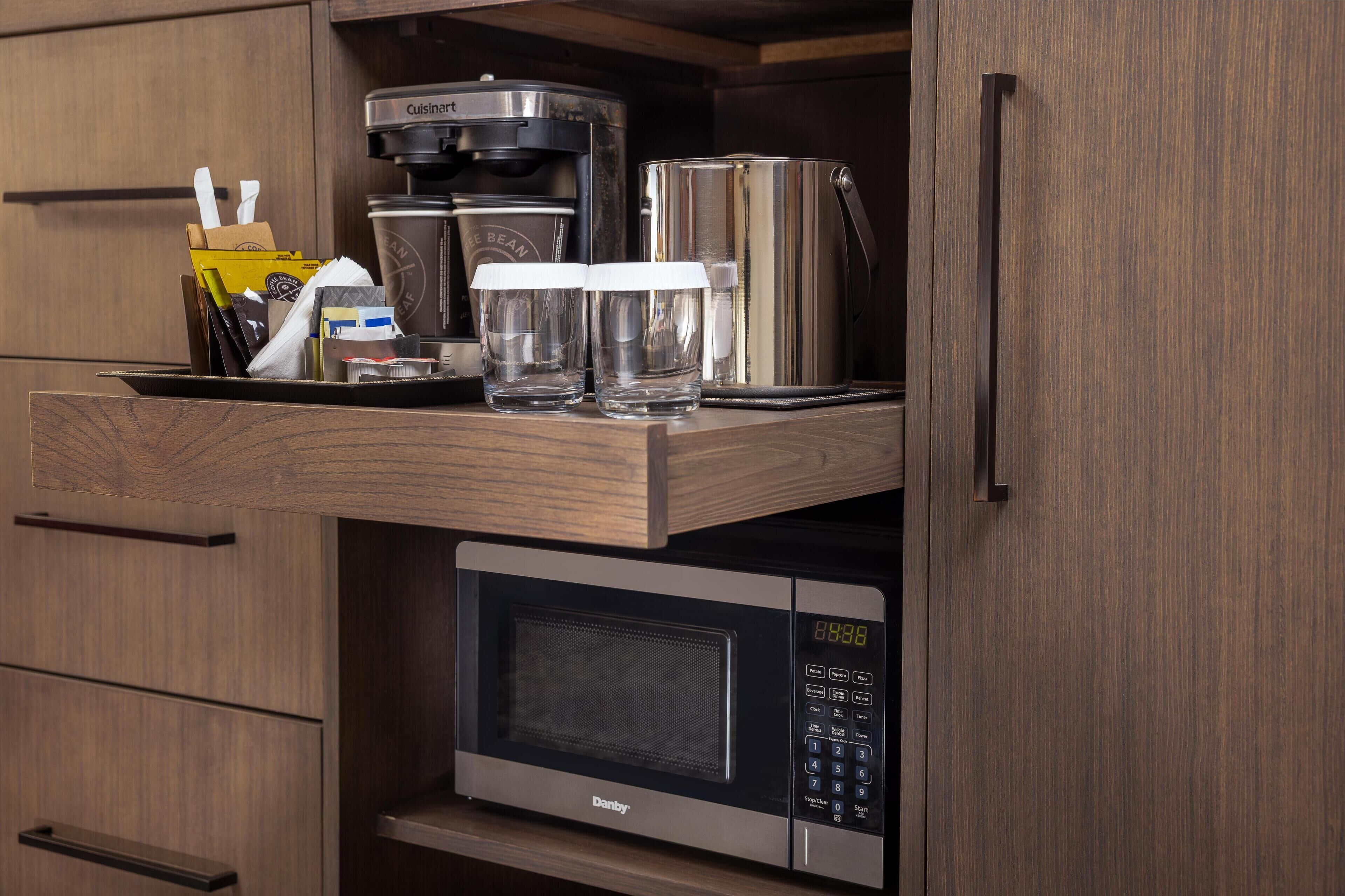 Fridge, microwave, coffee/tea maker