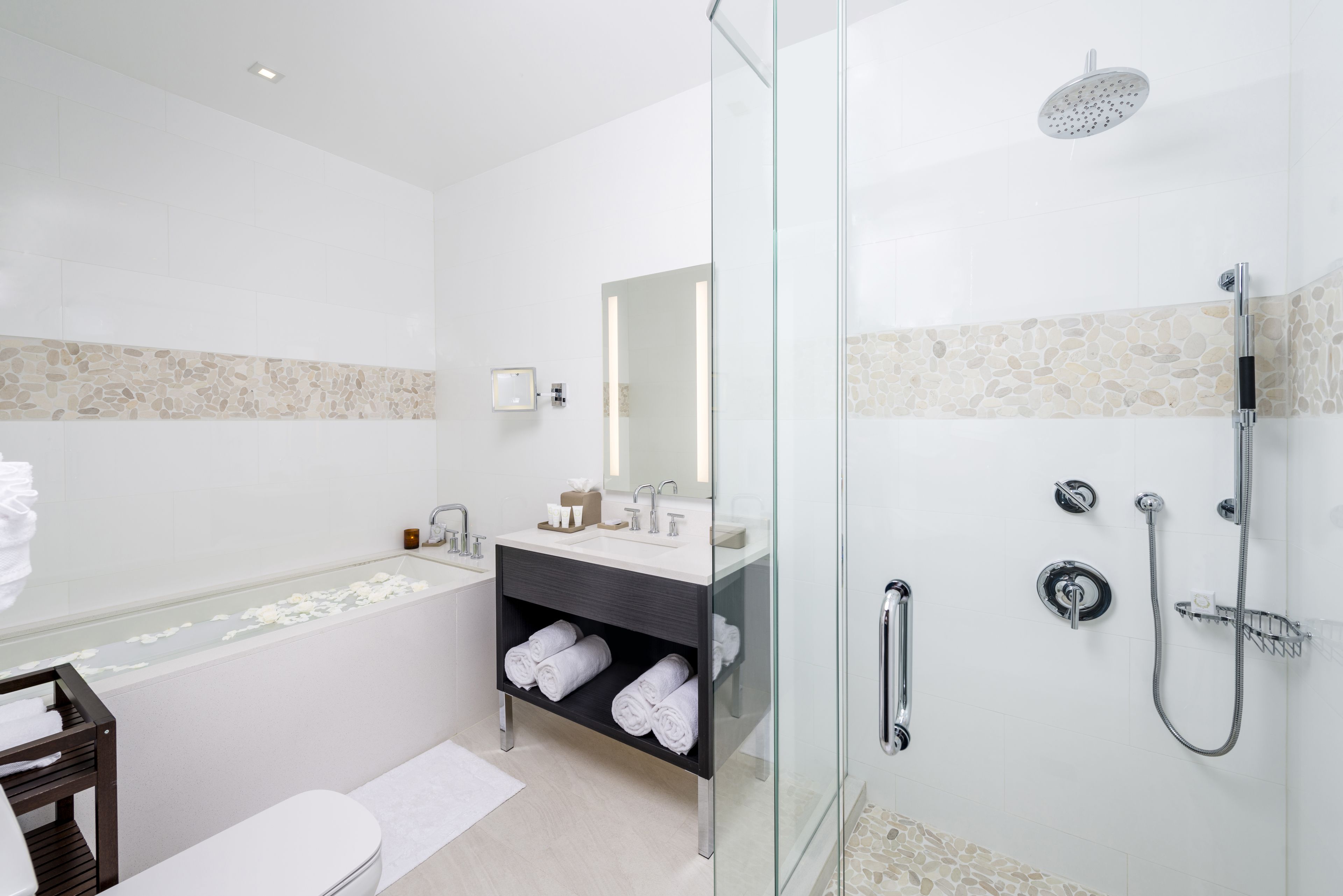 shower, rainfall showerhead, designer toiletries, hair dryer