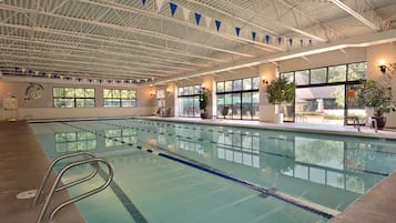Indoor pool, outdoor pool, open 9:00 AM to 9:00 PM, pool loungers